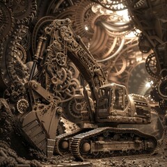 D Rendered Backhoe in a Steampunk Universe A Fusion of Industrial Might and Vintage Aesthetics