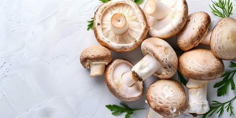 Closeup of whole and halved champignon mushrooms on white background. Concept Food Photography, Mushrooms, Close-up Shots, Ingredient Images, Still Life - Powered by Adobe