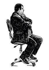 Man overweight alone, costume, sitting, profile,chair,office,boss, resting,realistic, sketch,vector hand drawn illustration isolated on white