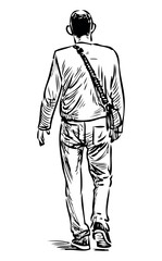 Man alone,casual,pedestrian,back view, walking,outdoor,city dweller,going away,realistic,sketch,vector hand drawing isolated on white