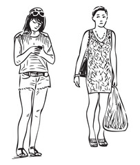 Women two, standing, looking at phone, modern, young people, bags,waiting,summer, outdoor, city dwellers, realistic, sketch doodle,vector hand drawing isolated on white