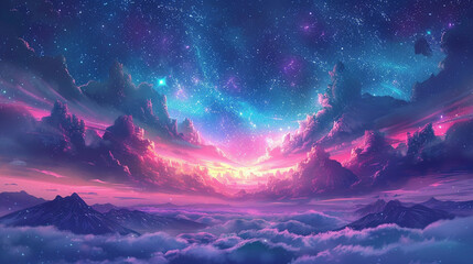 Fantasy Starry Night Sky in Blue and Purple A Magical Journey Through Celestial Colors and Dreamlike Landscapes