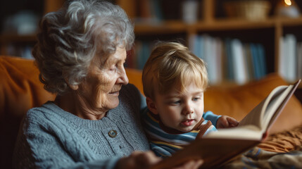 grandmother reading a book to her grandson