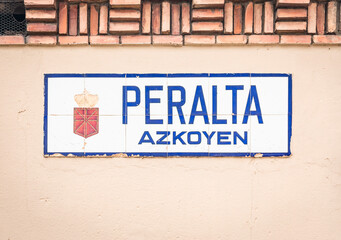 town entry sign at Peralta Azkoyen (Azkoien), merindad of Olite, province of Navarra, Spain