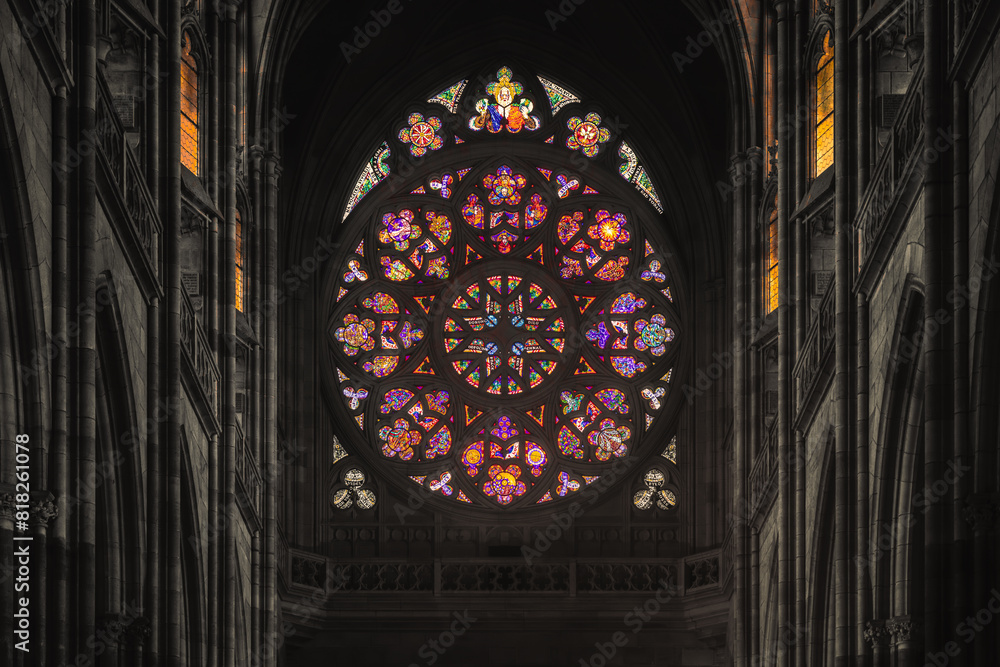 Wall mural Stained glass rosetta window in Gothic cathedral