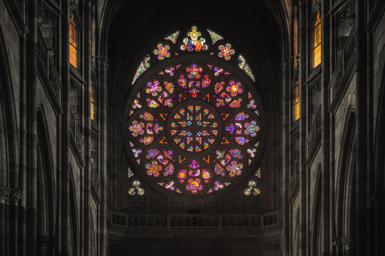 Stained glass rosetta window in Gothic cathedral
