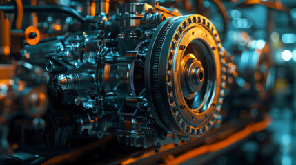 A detailed view of complex industrial machinery, showcasing gears and mechanical parts in a factory setting.