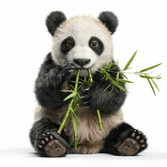 Obraz premium Cute Panda Chewing Bamboo on White Background