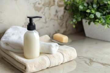 White lotion pump bottle on a cozy bathroom towel