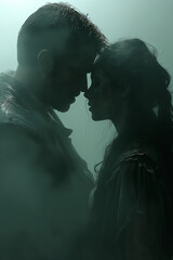 beloved medieval fantasy couple in the rain in intense confrontation