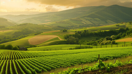 Agriculture on green hills. Vineyard in country region.