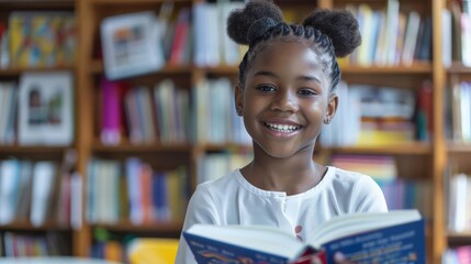 happy african american schoolgirl reading book in classroom library inclusive education