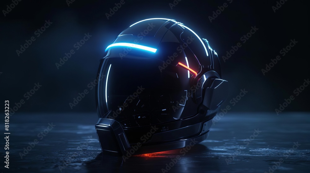 Poster futuristic hightech space helmet blank mockup on dark background 3d rendering