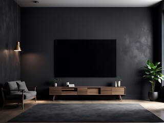  empty screen in a living room interior on an empty dark wall background design,3D rendering 