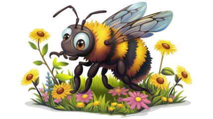 Cartoon Bee in a Vibrant Garden isolated on a transparent background