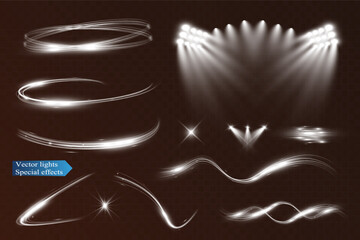 Light wave shine spotlight effect,vector glow line sparkle shine. Silver wavy effects.	