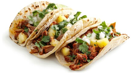 traditional mexican tacos al pastor with pineapple cilantro and onions on corn tortillas isolated on white