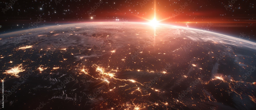 Poster growing binary data on purple planet earth with city lights and cellular digital network