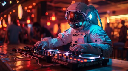 an astronaut stands behind a DJ console .Generative AI