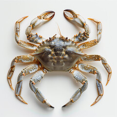 Close-up of a blue crab isolated on white background, showcasing its intricate details and vibrant colors.