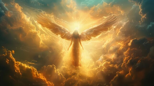 divine messenger majestic angel flying above the clouds in heavenly sky spiritual concept illustration