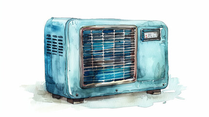 Artistic watercolor painting of a vintage blue air conditioner isolated on white background.