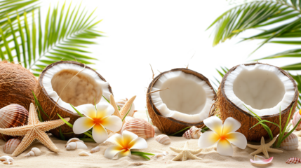 Coconut Beach - Coconut with flowers, starfish, shells, palm trees isolated on a transparent background