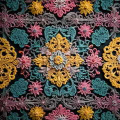 Background of knitted texture with symmetrical floral patterns