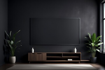  empty screen in a living room interior on an empty dark wall background design,3D rendering 
