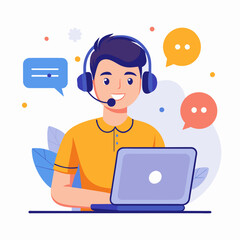 man with headphones and microphone with laptop. Concept illustration for support, call center. Customer service. Vector illustration 