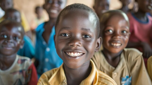 portrait de jeunes enfants souriants en groupe dans leur salle de classe photo