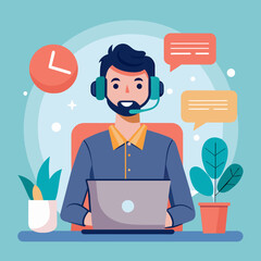 man with headphones and microphone with laptop. Concept illustration for support, call center. Customer service. Vector illustration 