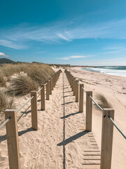 Duna do Caldeirao Beach walkways, path of Santiago, with Vila Praia de Ancora in background. Viana do Castelo district, north of Portugal