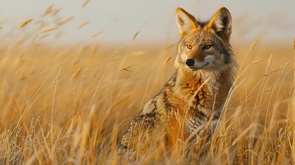 A wild canine, possibly a wolf or fox, hunts with keen ears hidden in tall grass