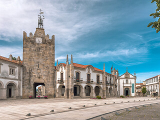 Caminha city hall and clock tower, in Minho, Portugal. Caminha, Viana do Castelo district in north...