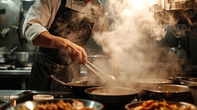 A skilled chef cooking a meal close up