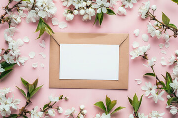 Wedding invitation or greeting card mockup with flowers on a pink background