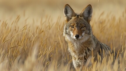 Obraz premium A wild canine, possibly a wolf or fox, hunts with keen ears hidden in tall grass
