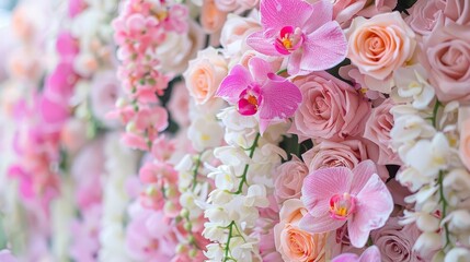 luxurious pink roses and tropical orchids floral arrangement wedding backdrop design