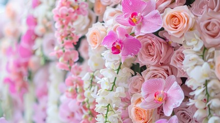 Fototapeta na wymiar luxurious pink roses and tropical orchids floral arrangement wedding backdrop design
