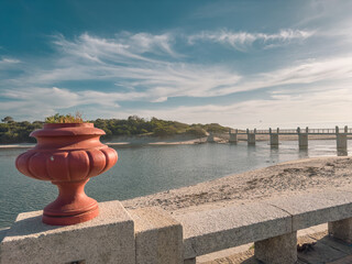 Vila Praia de Ancora, Portugal. Âncora river crosses with the sea Viana do Castelo district,...