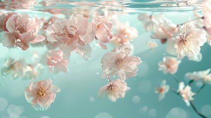 delicate spring blossom flowers submerged underwater creative floral concept for advertisement or banner pastel colors digital illustration
