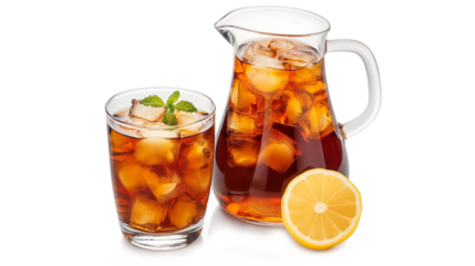 Cup and jug of refreshing iced tea isolated on a transparent background