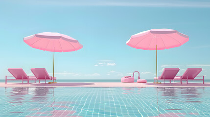 Swimming pool with beach umbrella and chairs. Pink summer vacation concept. 