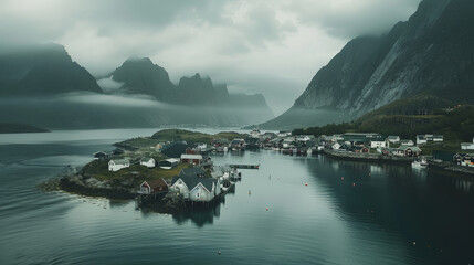 Enchanting Lofoten: Aerial View of Norway's Coastal Charm. Generative AI