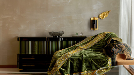 Refined art deco bedroom design featuring a frontal view of a moss green and gold throw, a black...