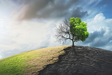 Image depicting climate change and drought on one side and lush green growth on the other.