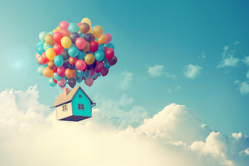 Country house floating on balloons, 3d, copyspace