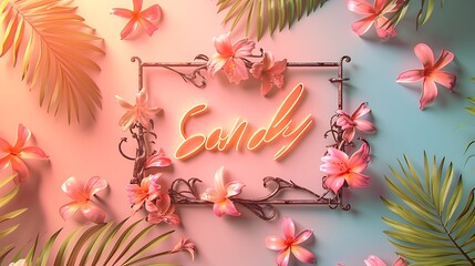 Elegant wrought iron frame holding a summer sale notice with artistic hand lettering. Warm peach background. 8k, realistic, full ultra HD, high resolution, and cinematic photography