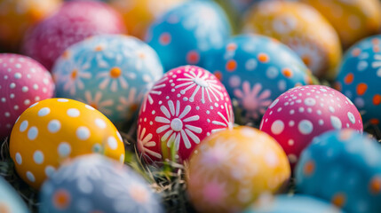 Obraz premium Vibrantly decorated Easter eggs with various patterns lie nestled together in a natural setting.